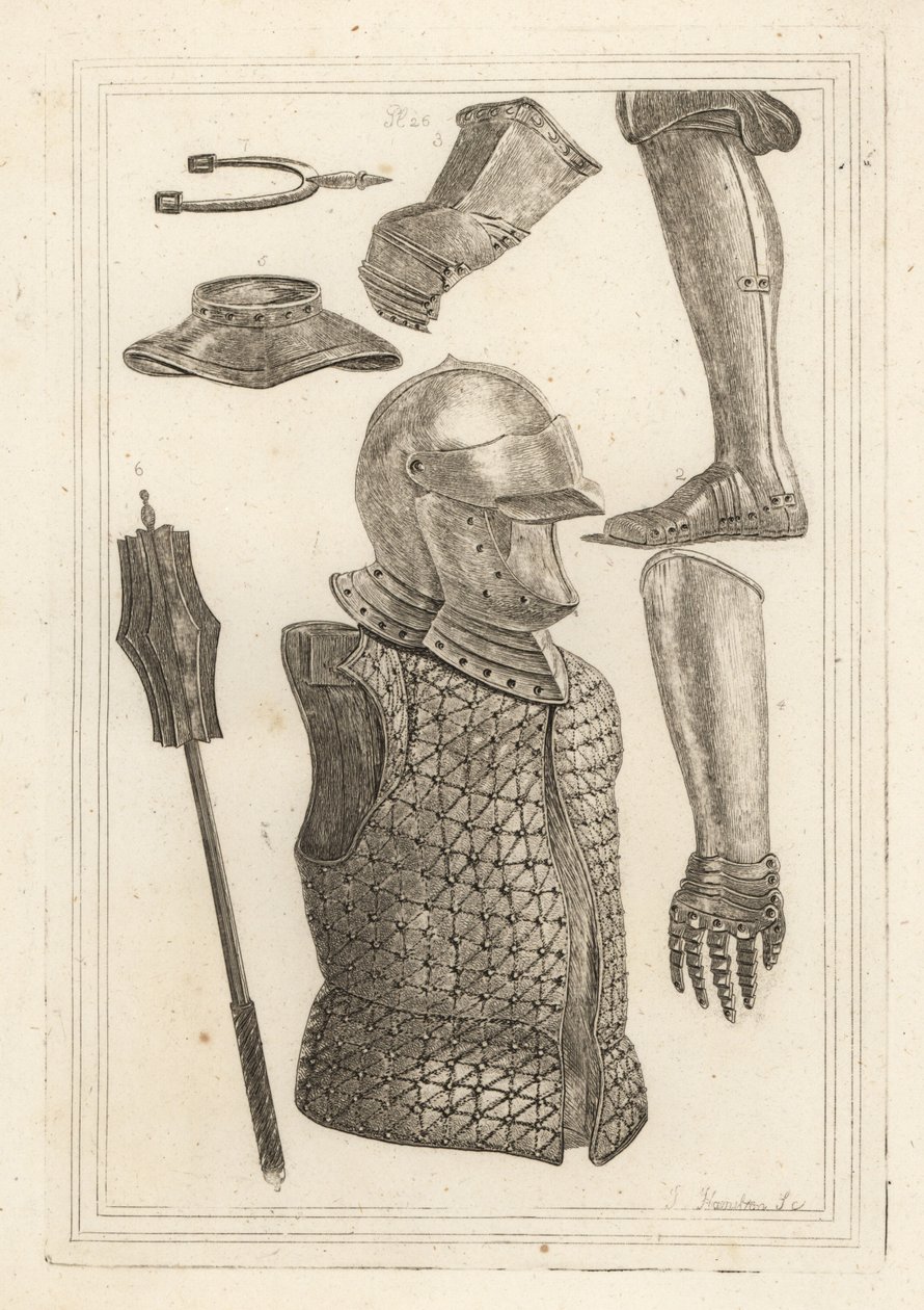 Hjelm og brigandine 1, jerngreve eller benpanser 2, kappe tilhørende John of Gaunt 3, jernhandske 4, gorget 5, jernmace 6, antik jernsprøjtespore 7 af Unbekannt
