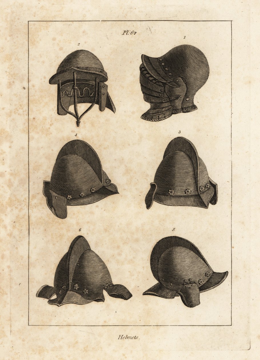 Hjelm med drikkevare, der kan åbnes ned i Tower of London 1, dobbelt-barret hjelm 2, og salg med oreillets eller ørestykker 3-6 af Unbekannt