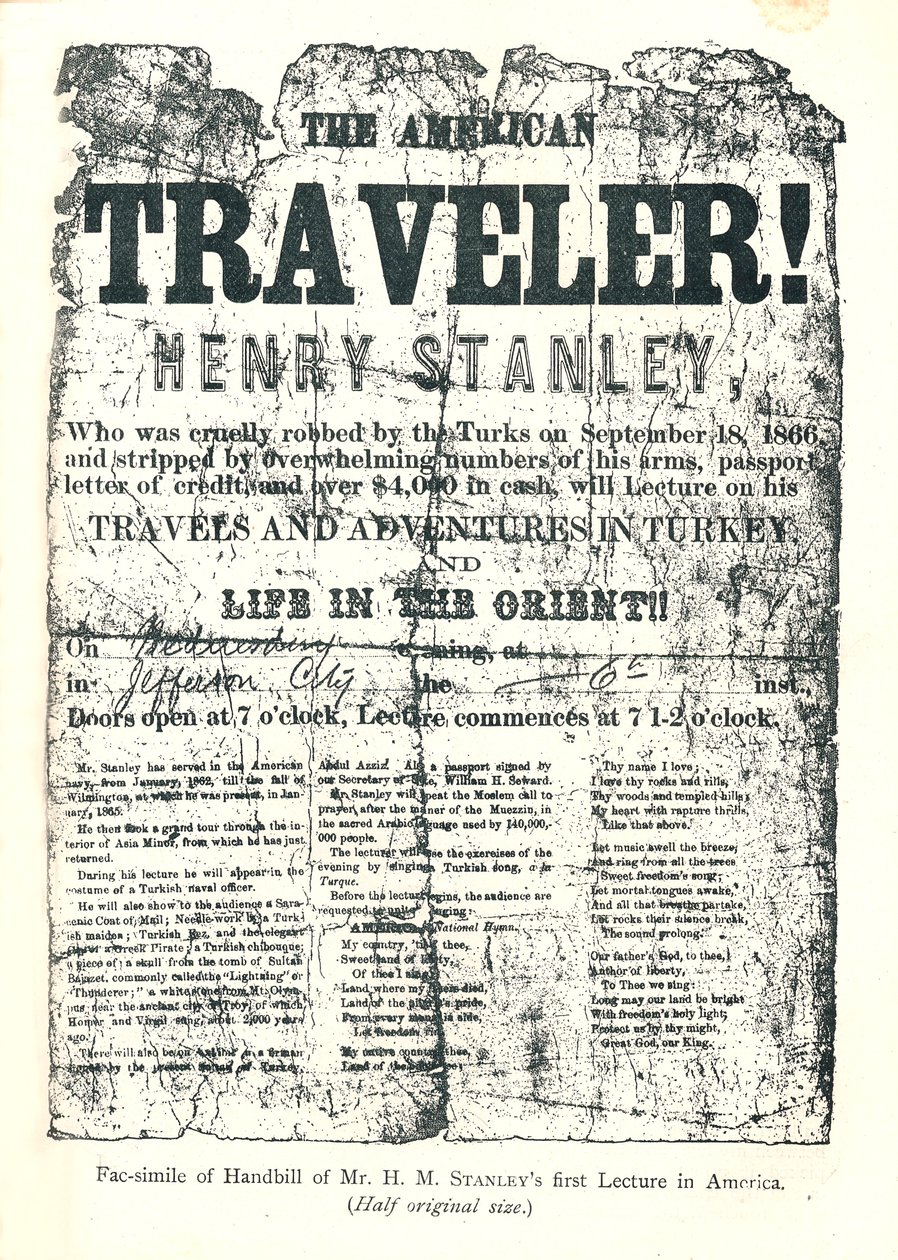 Henry M.Stanley, Handbill fra Lecture Tour in America, opdagede i en alder af 31 Dr.Livingstone i Afrika af Unbekannt