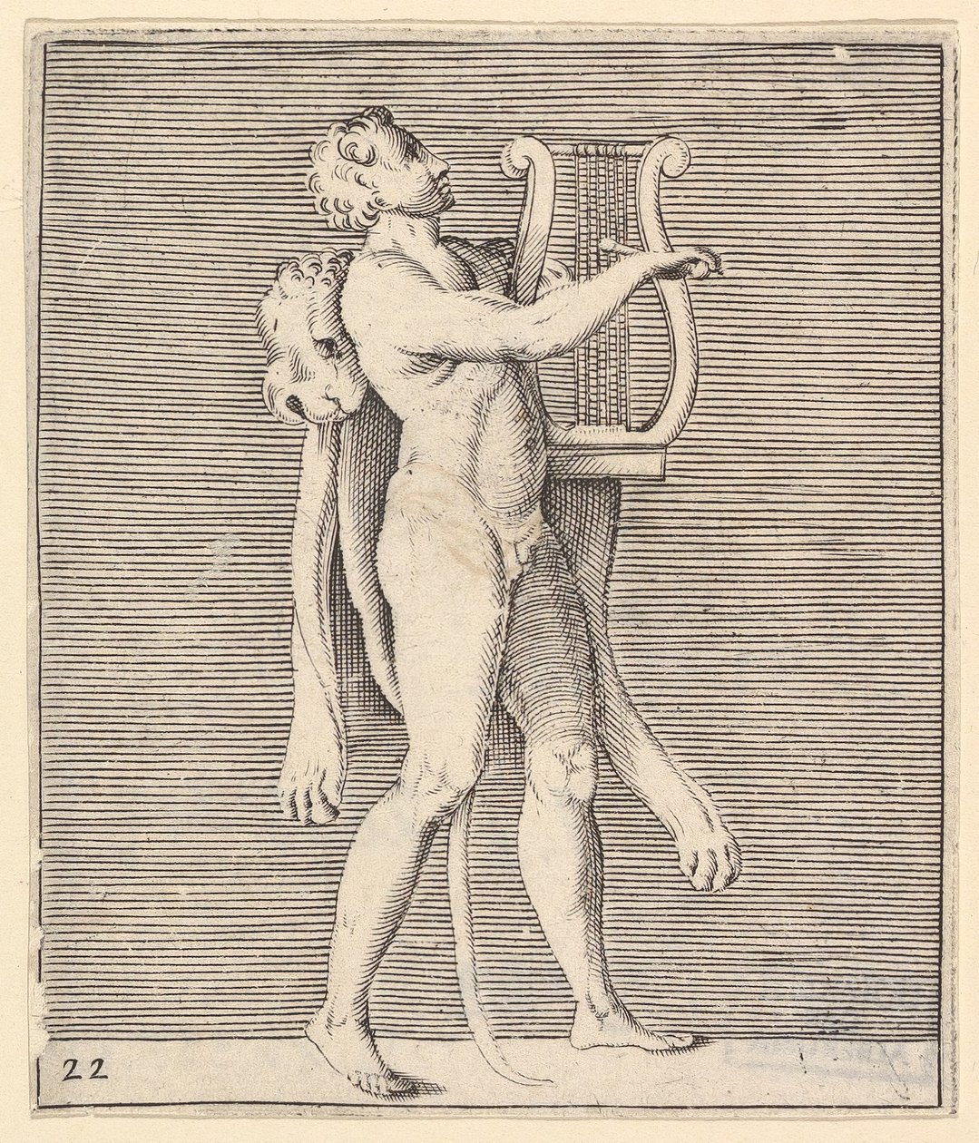 Hercules spiller en lyre, et løveskind draperet over hans skulder, udgivet ca. 1599-1622. af Unbekannt