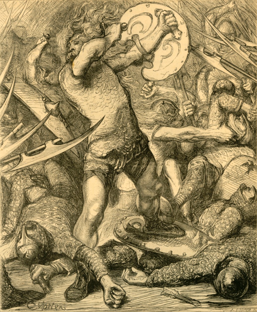 Hereward skærer sig vej gennem den normanniske vært, c1890. af Unbekannt
