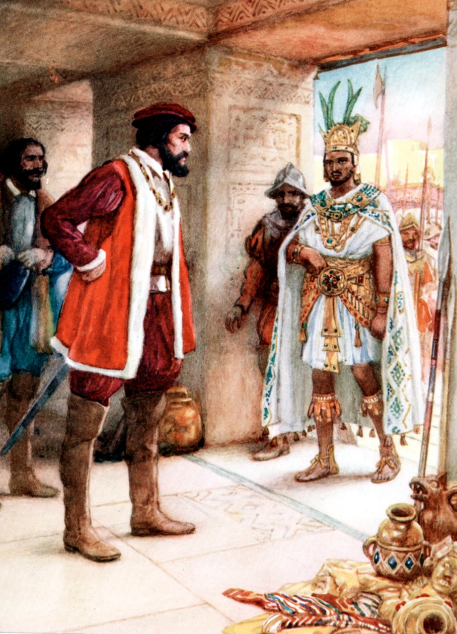 Hernan Cortes møder den aztekiske kejser Montezuma, 1519 af Unbekannt