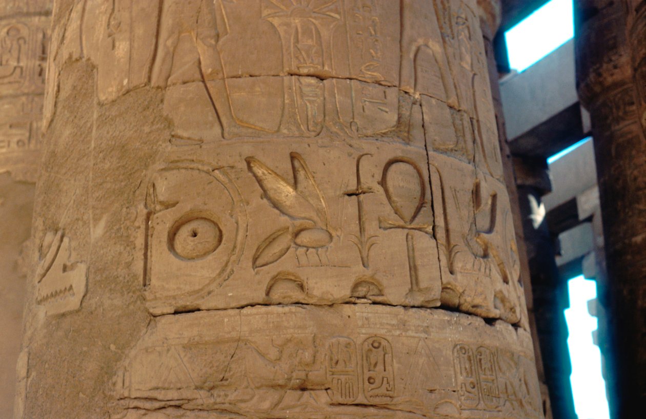 Hieroglyfer udskåret på en søjle ved templet i Karnak, Egypten, c14.-13. århundrede f.Kr. af Unbekannt