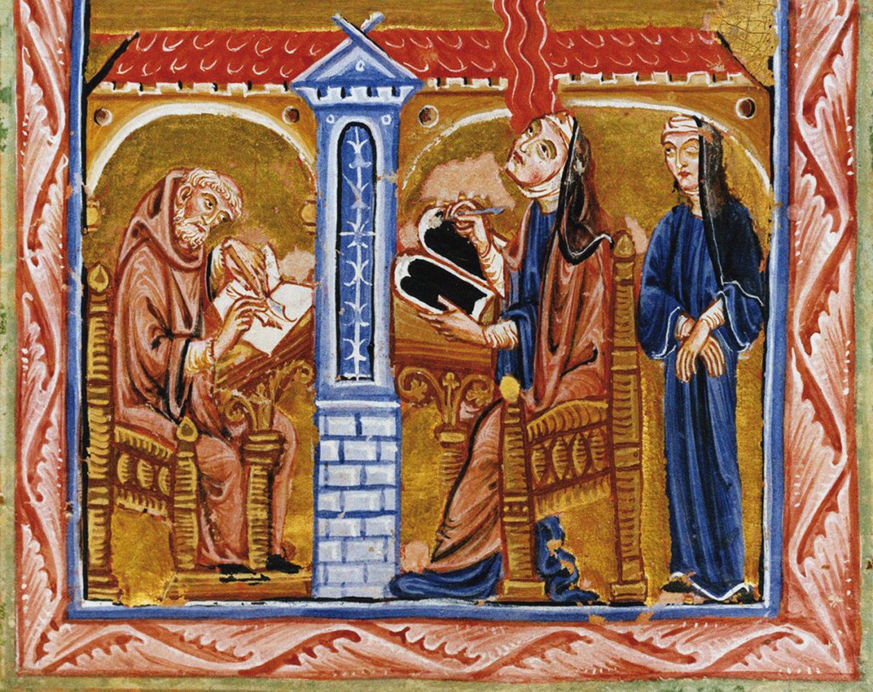 Hildegard modtager en vision i nærværelse af sin sekretær Volmar og sin fortrolige Richardis, ca af Unbekannt