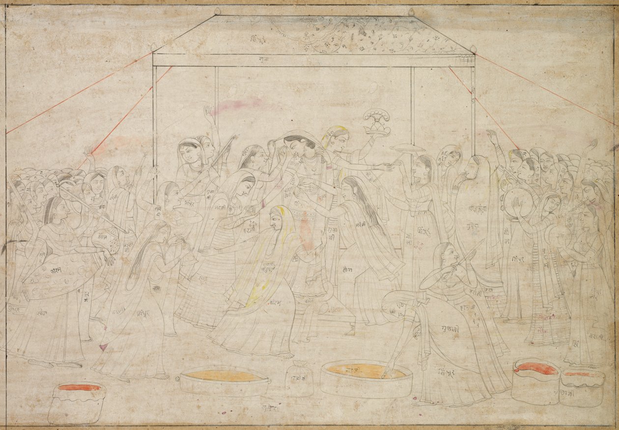 Hindu Gud Krishna bliver klædt i kvindetøj til forårsfest Holi, ca. 1790. af Unbekannt