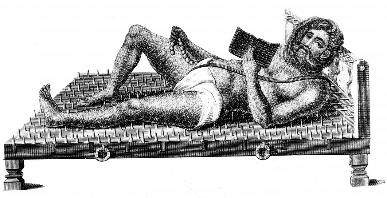 Hindu-filosof Pararum Soatuntre Perkasanund lænet tilbage på en seng af jernspidser, 1811 af Unbekannt