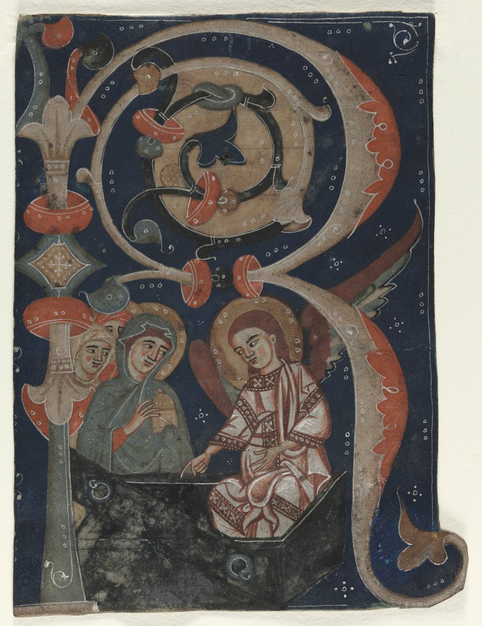 Historieret indledende R Udskåret fra en Gradual: The Three Marys at the Tomb, ca. 1200-1230. af Unbekannt