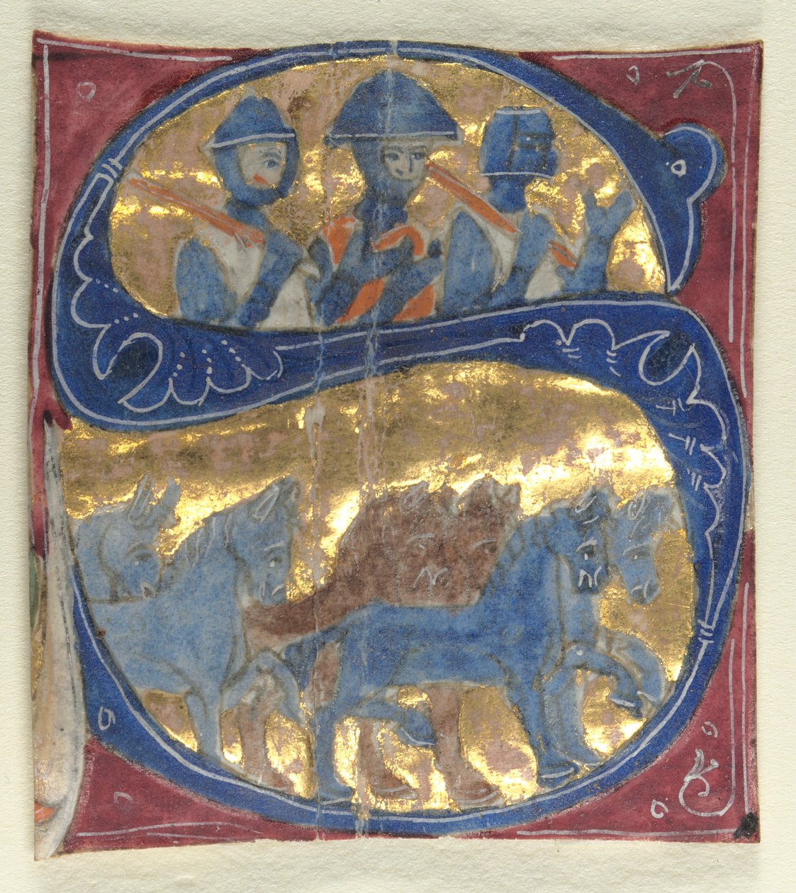 Historikert initial S Udskåret fra en bibel: soldater og heste, 1200-tallet. af Unbekannt