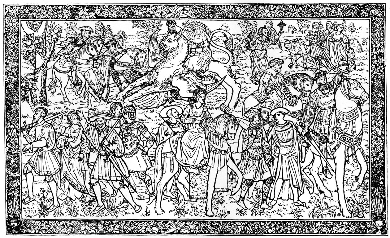 Historiske og allegoriske figurer, gobelin ved Hampton Court Palace, Richmond, London, 1930 af Unbekannt