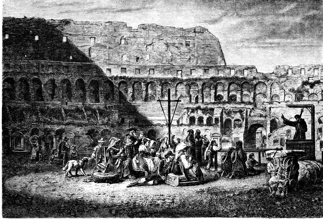 Det gamle Roms historie. Fastelavnsprædikenen af Colosseums indre. Tryk 1800 af Unbekannt