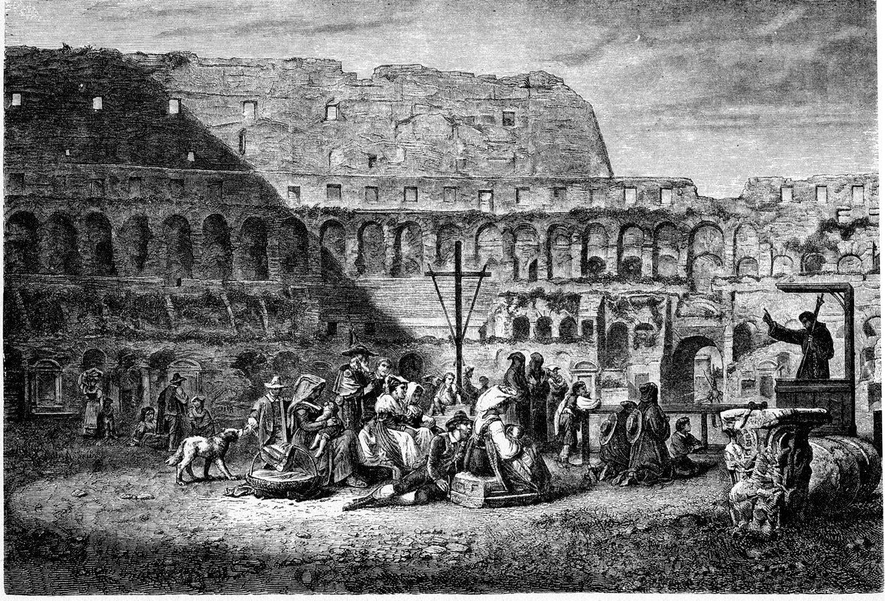 Det gamle Roms historie. Fastelavnsprædikenen fra Colosseums indre. Tryk 1800 af Unbekannt