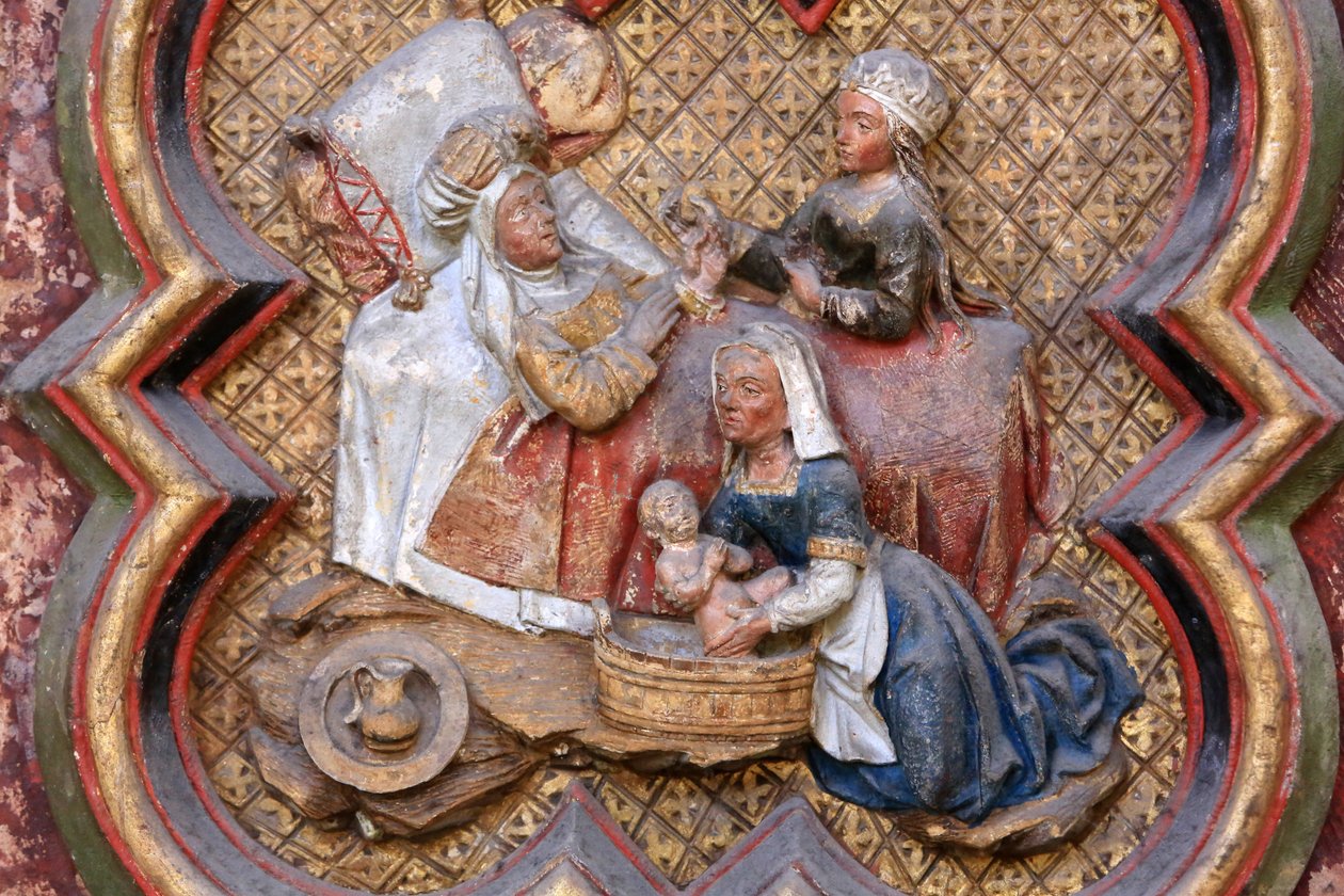 Johannes Døberens historie: ""St. Johannes Døberens fødsel." Bas-relief af den nordlige ende af Nordkoret (1531). Polykrom sten. 1531. Amiens-katedralen, Amiens, Frankrig af Unbekannt