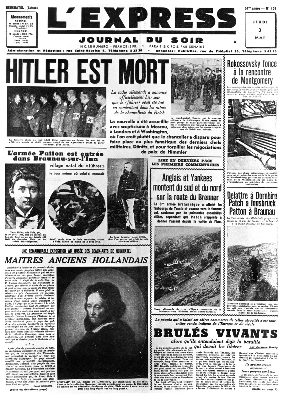 Hitler er død, forsiden af avisen LExpress, 3. maj 1945 af Unbekannt