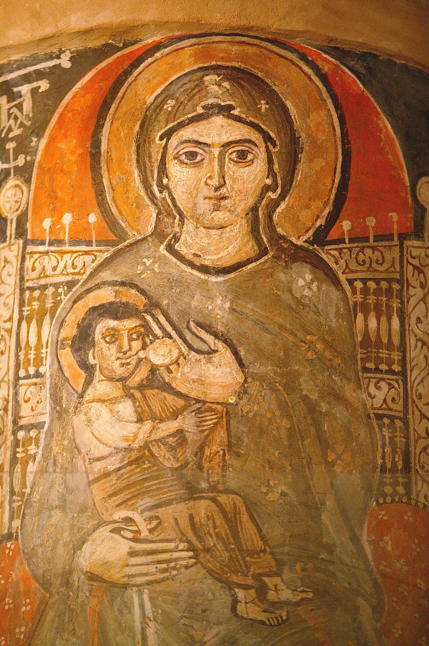 Holy Virgin og Saint John Kame koptisk kloster fresko: Maria ammer Jesus Egypten af Unbekannt
