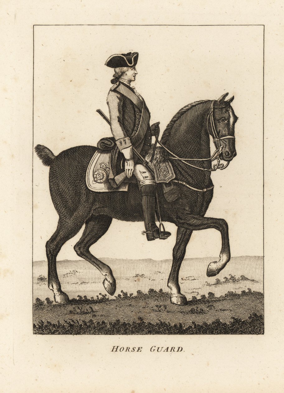 Horse Guard, i militæruniform med tricorn, musket af Unbekannt