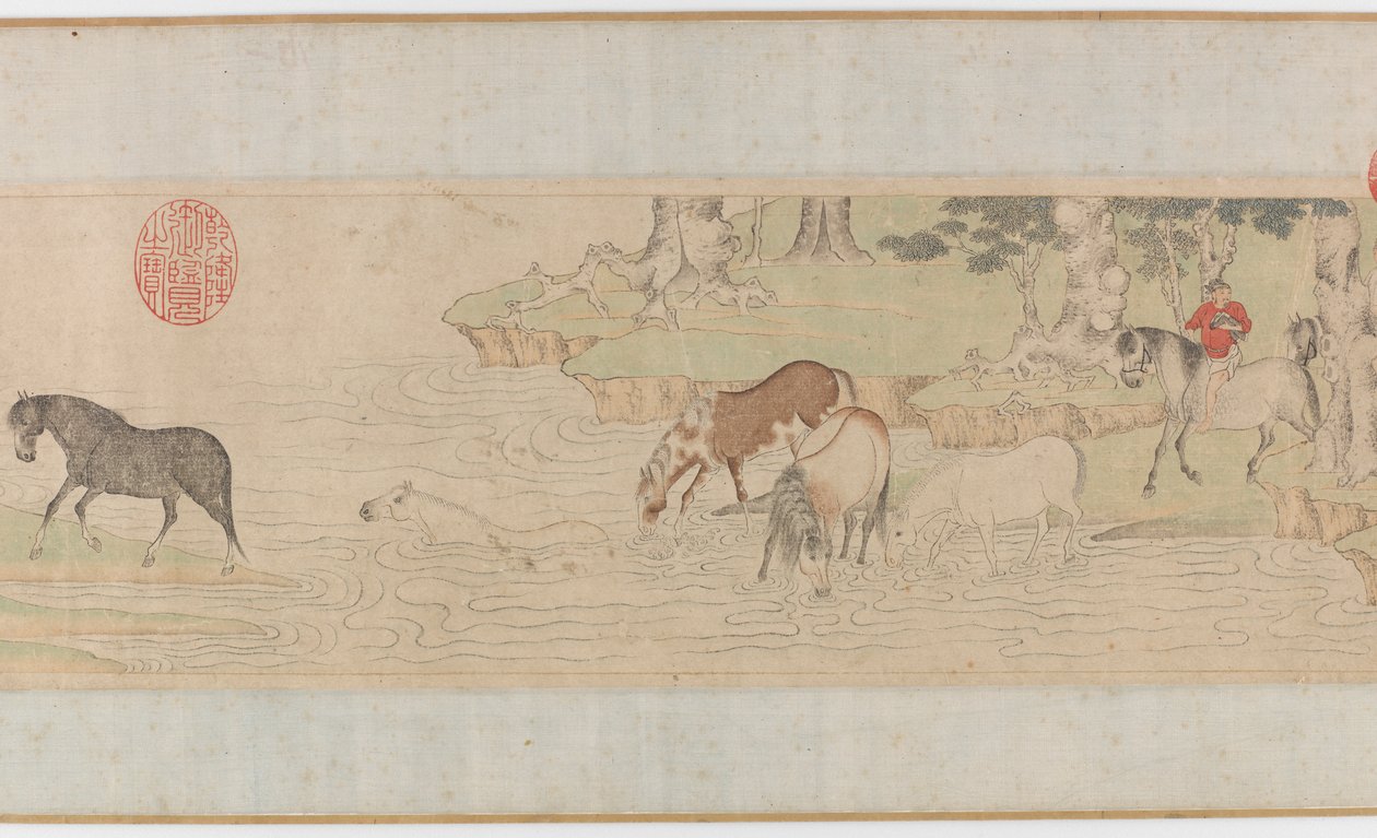 Heste og grooms krydser en flod, Yuan eller det tidlige MIng-dynasti, 1300-tallet. af Unbekannt