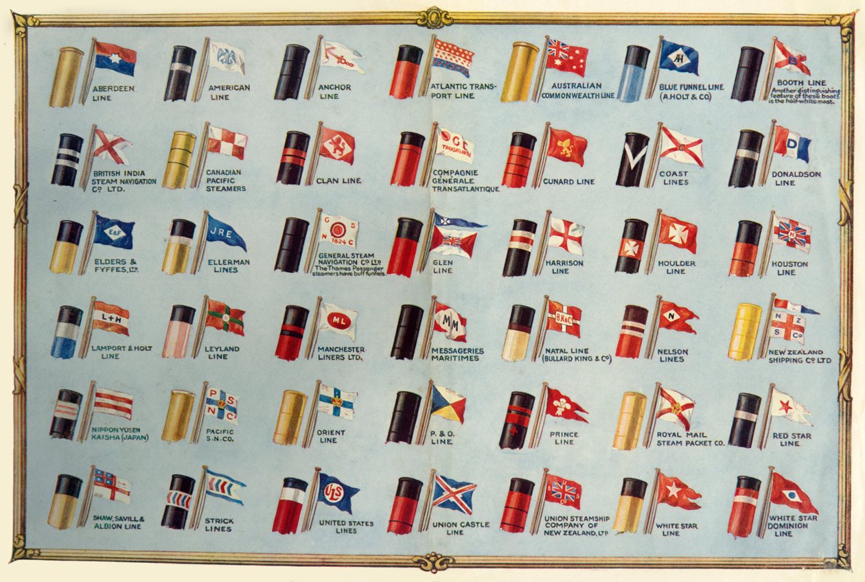 House Flag and Funnels of Passenger Steamship Lines, c1930. af Unbekannt