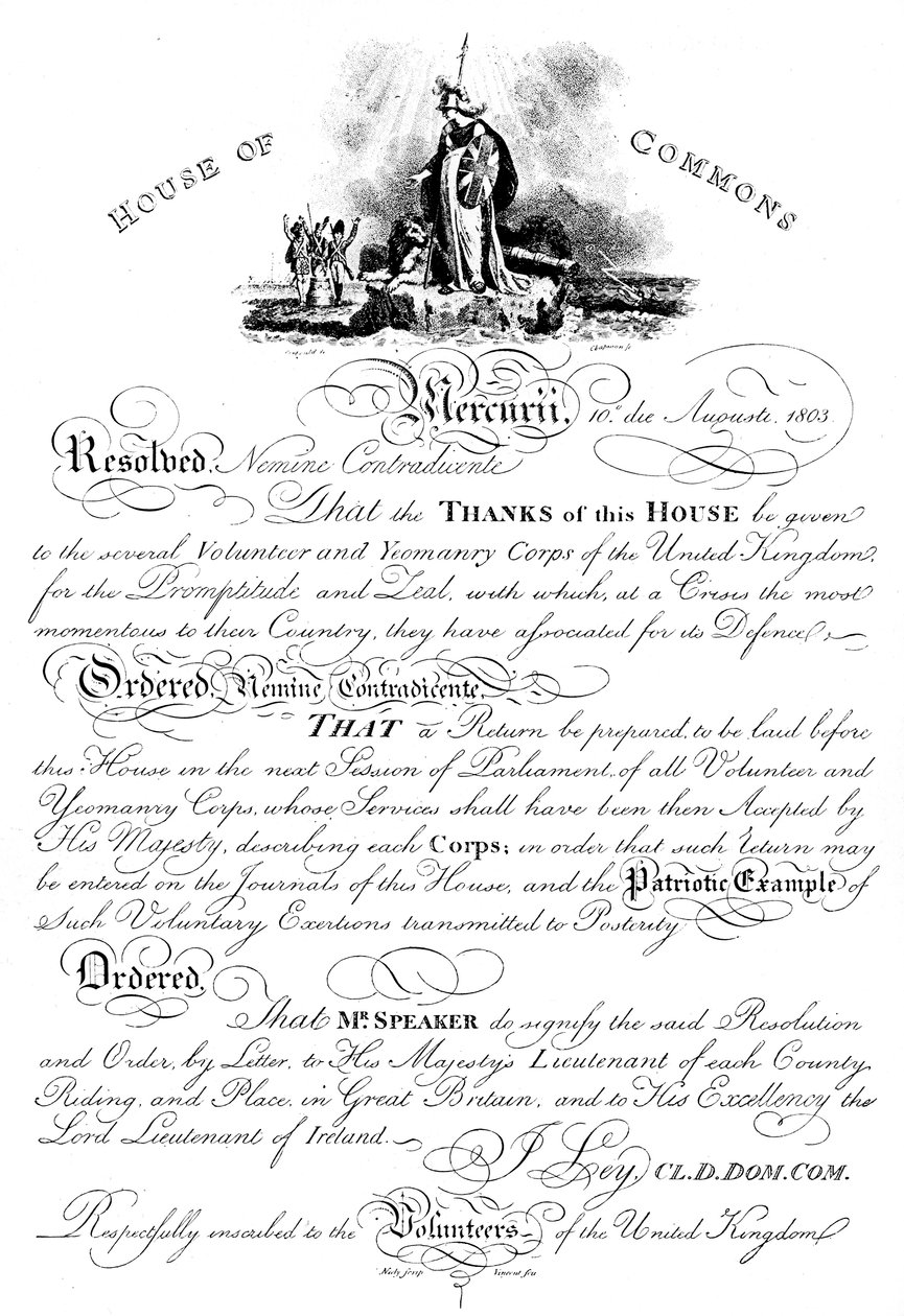 Underhusets resolution formidler tak til Volunteer Yeomanry Corps, c1905 af Unbekannt