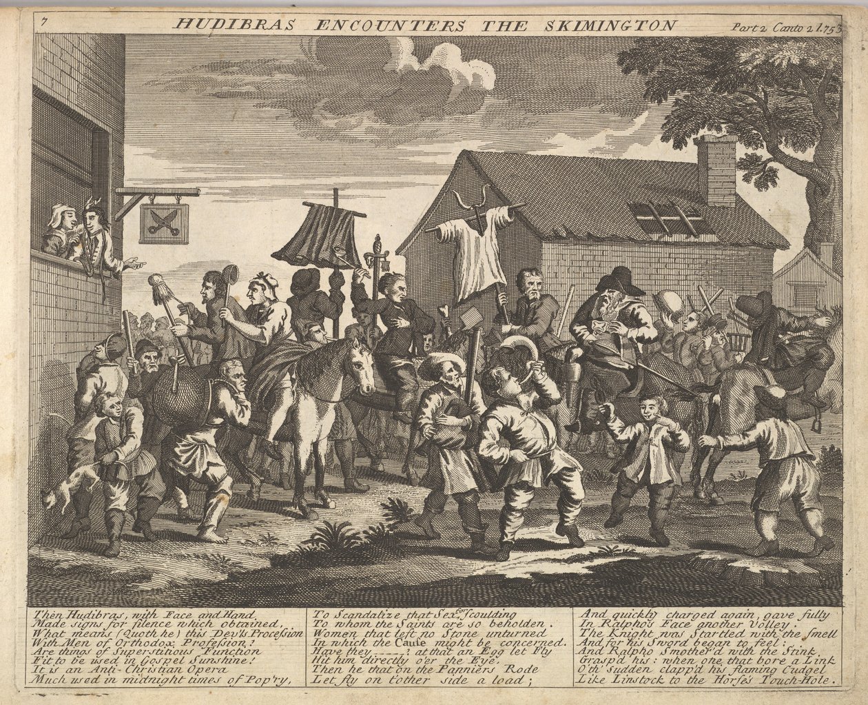 Hudibras Encounters the Skimmington Plate 7: Illustrationer til Samuel Butlers Hudi..., 1725-30. af Unbekannt