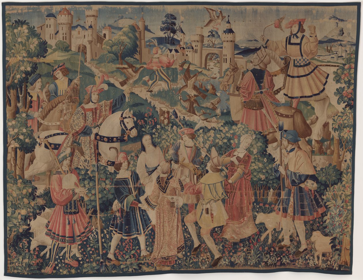 Jagt og pastorale scener, med en sækkepiber og dansere, ca. 1510. af Unbekannt