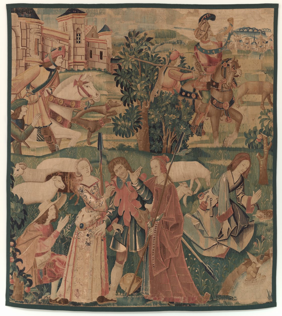 Jagt og pastorale scener, med en grinende mand mellem damer, ca. 1510. af Unbekannt