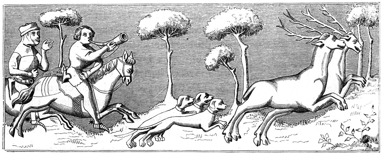 Jagt på hjorte med hunde, 1300-tallet 1849 af Unbekannt