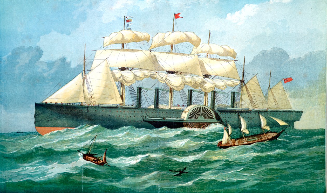 IK Brunels dampskib Great Eastern viser hus til skovlhjul og sejl, 1857 af Unbekannt