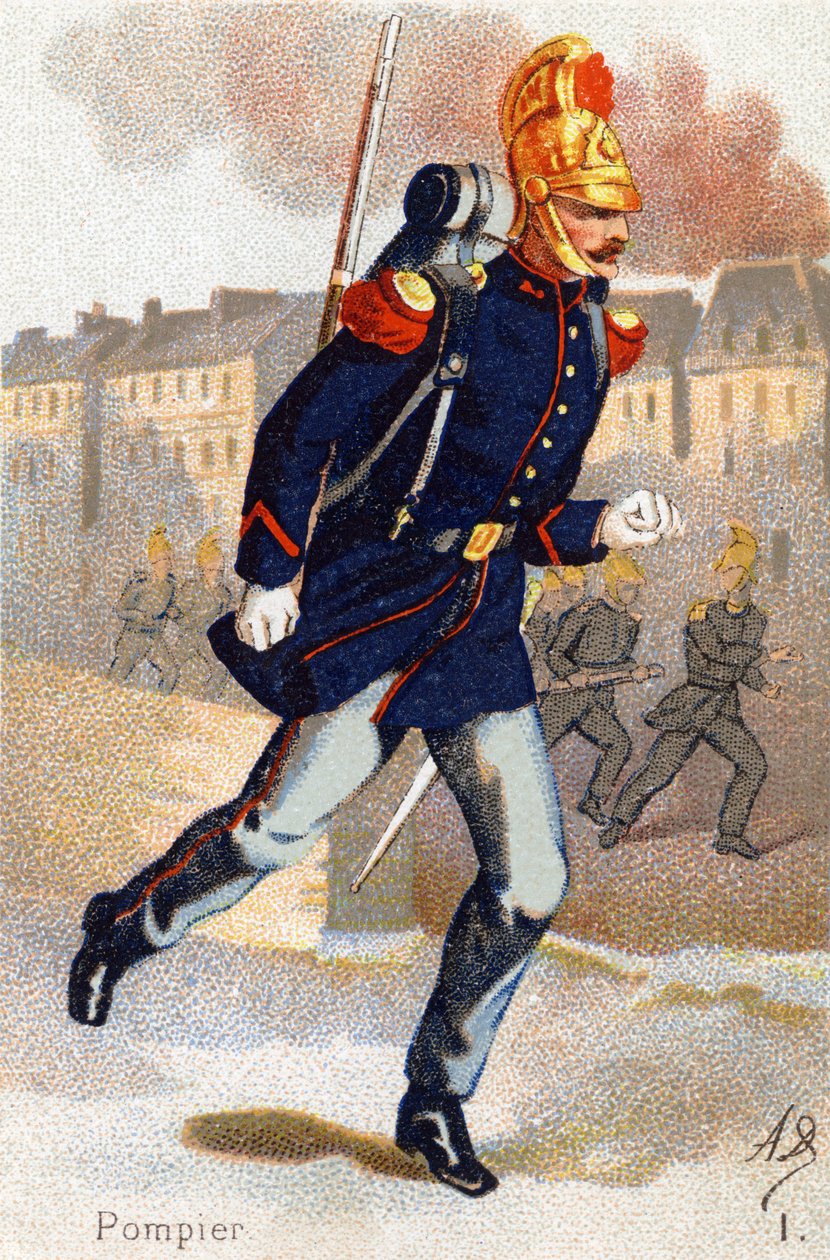 I: Brandmand. Indgravering i "Militæralfabet". Illustratorens initialer: A. D. Ukendt forlag. Kromolitografier sidst i det 19. århundrede. Mål: 10,5 x 7 cm. af Unbekannt