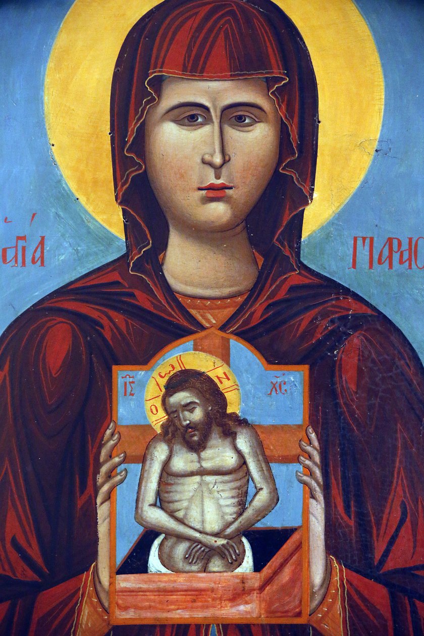 Ikon i Pedoulas byzantinske museum: Sankt Paraskevi holder et korsfæstelsesikon (1789), 20150510, Pedoulas, Cypern af Unbekannt