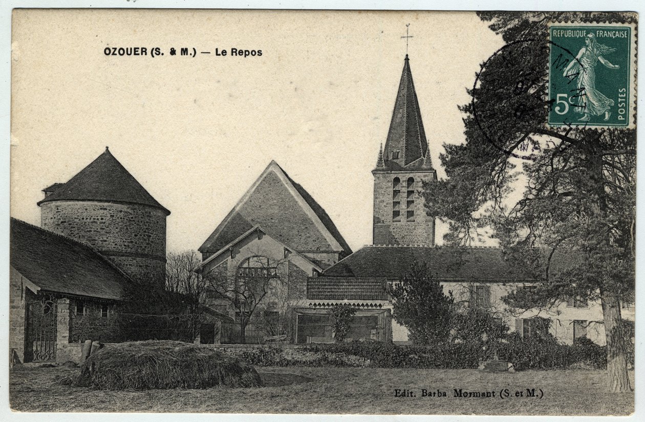 Ile de France, Seine et Marne (77), Ozouer le Repos (Ozouer-le-Repos): udvendig udsigt over kirken Saint Aubin (Saint-Aubin) - Postkort dateret 1908 af Unbekannt