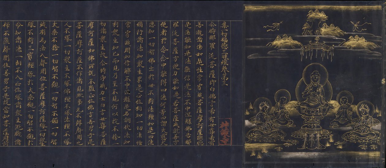 Illustreret frontispice til oplysningstidens sutra gennem akkumulationen..., c1150-85. af Unbekannt