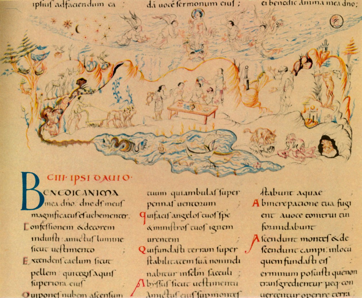 Illustration og en del af teksten til Salme 103, c1000-1050, 1947. af Unbekannt