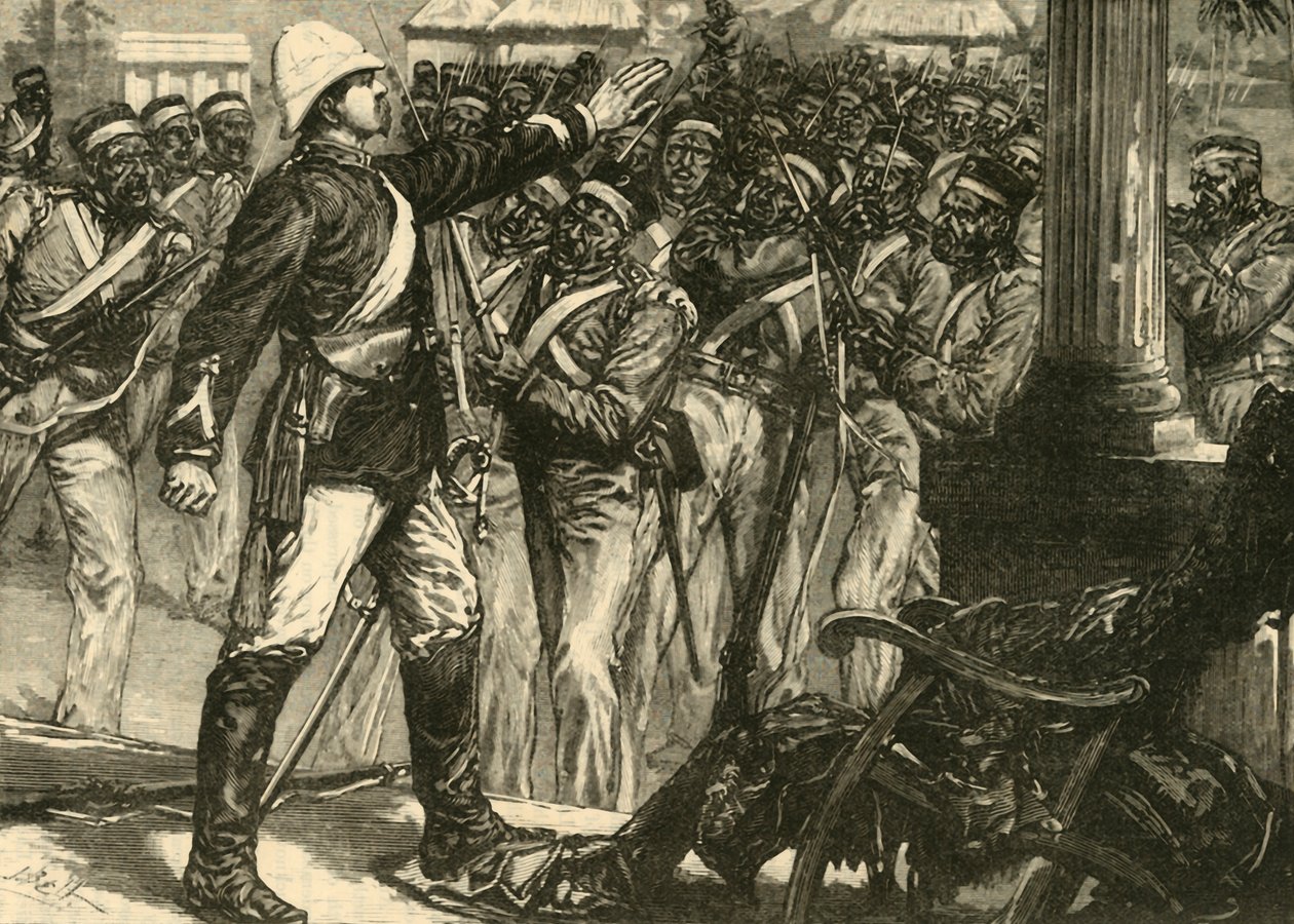 Hændelse i det indiske mytteri: Løjtn. De Kantzow beroliger Sepoys ved Mynpooree, 1890. af Unbekannt