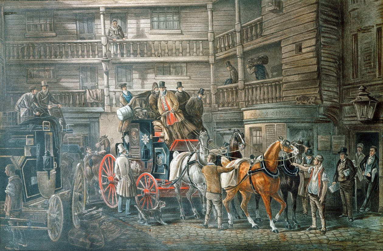 Krogård med postvogn, der forbereder sig på at tage af sted, c1840 af Unbekannt