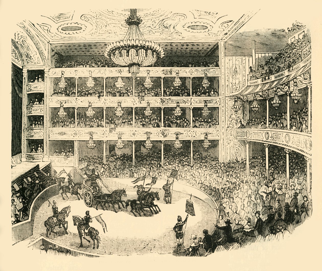 Interiør af Astleys Amphitheatre i 1843, c1878. af Unbekannt