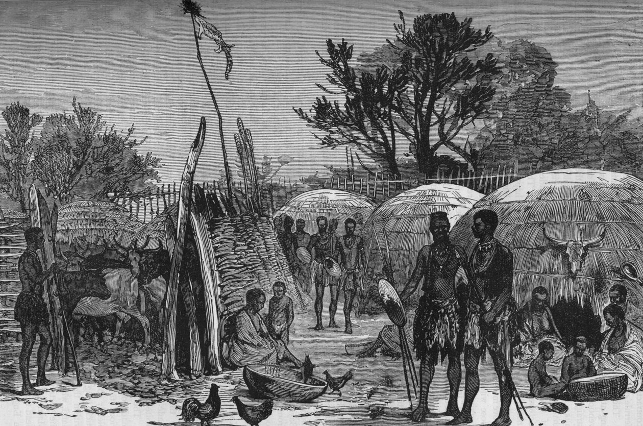 Interiør af en Zuli Kraal ved Tugela-floden, c1880 af Unbekannt