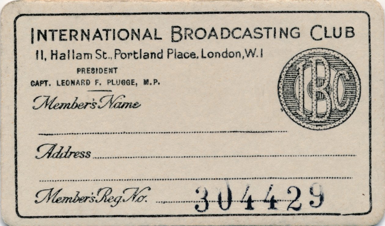 International Broadcasting Club: Medlemskort, c1930
