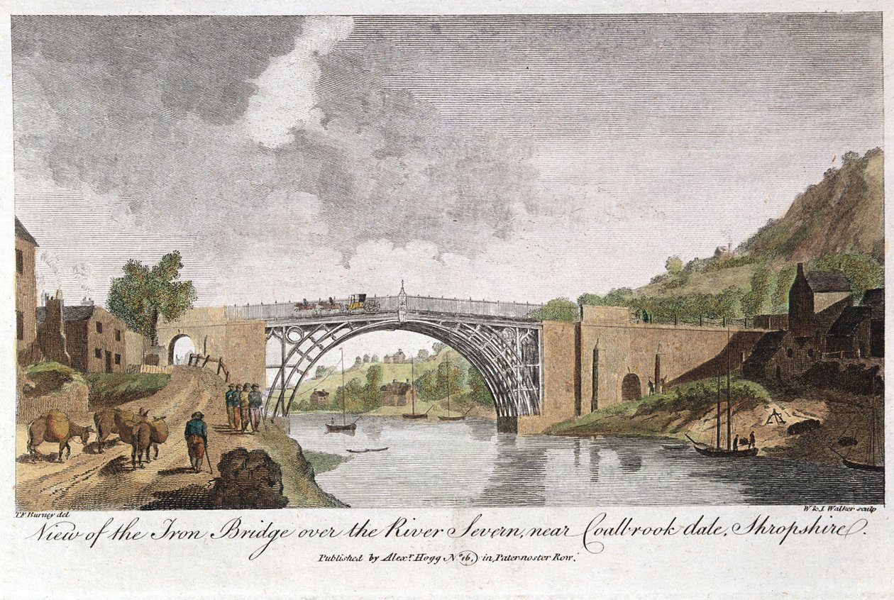 Jernbro over Severn ved Ironbridge, Coalbrookdale, England, bygget 1779 af Unbekannt
