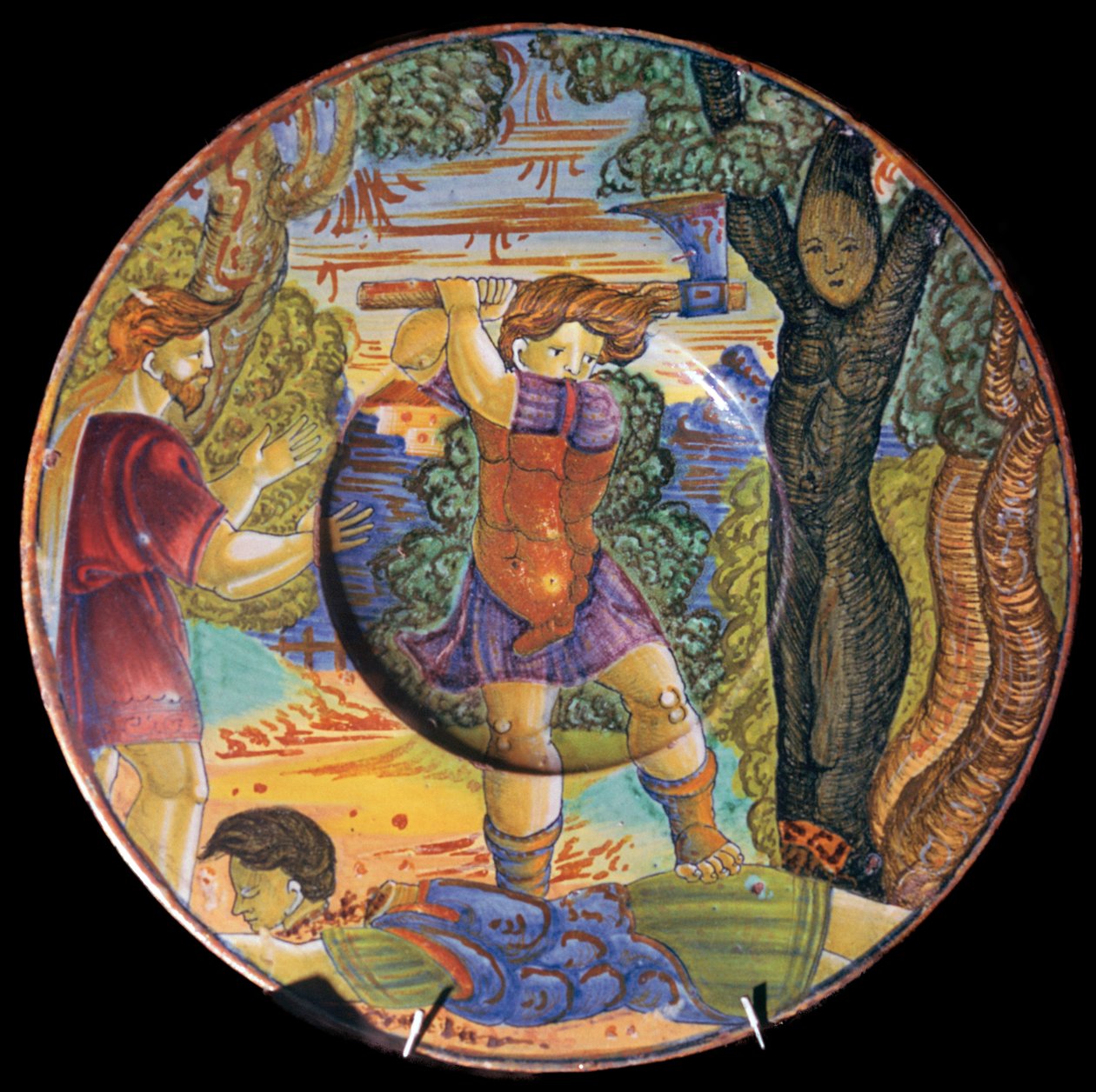 Italiensk fajanceplade, Erysichthon, der fælder et træ i Ceres-lunden, 1500-tallet af Unbekannt