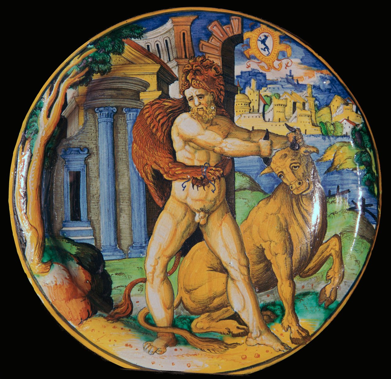 Italiensk fajanceplade med et billede af Hercules og den kretensiske tyr, 1500-tallet af Unbekannt