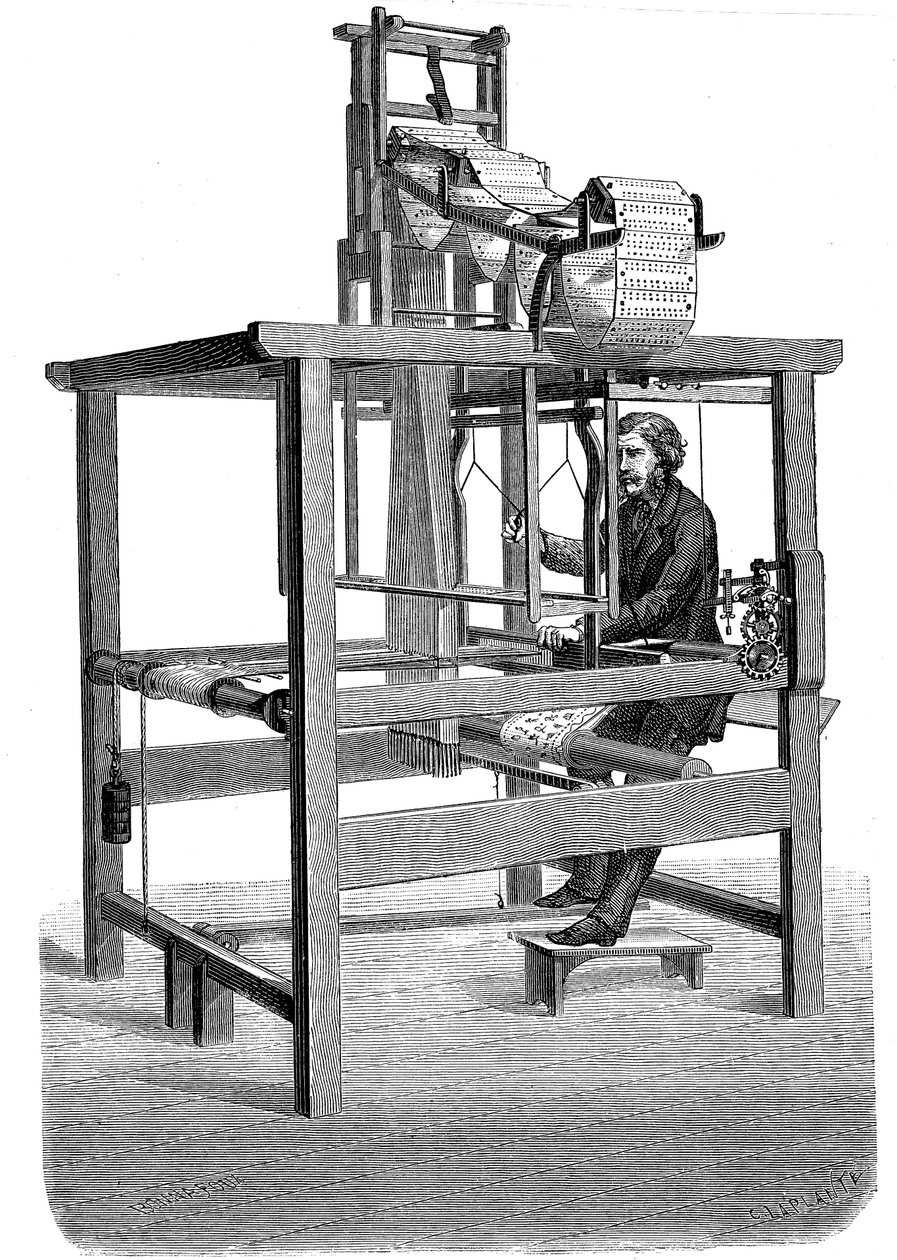 Jacquardvæv, med swags af hulkort, hvorfra mønster blev vævet, 1876 af Unbekannt