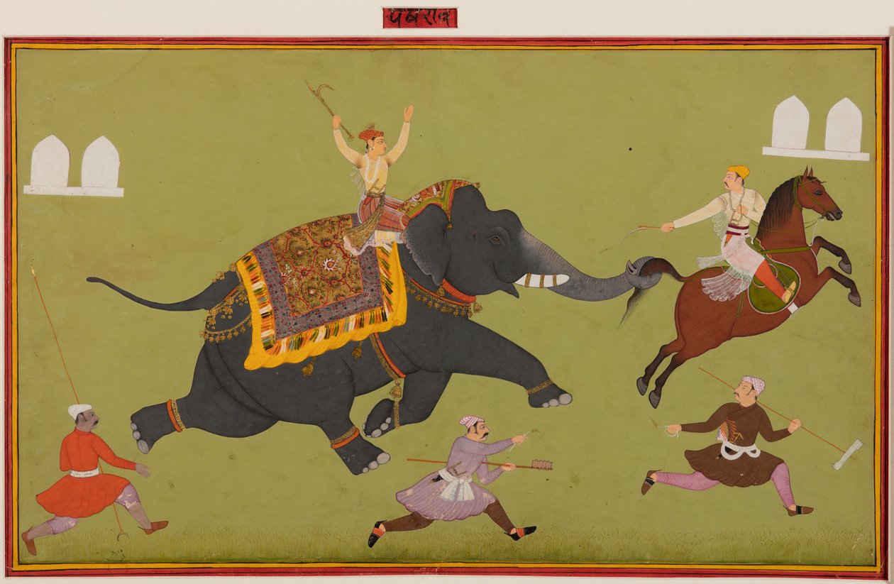 Jai Singhs elefant Pakhrao, gået amok og fanger en hest ved halen, ca. 1680. af Unbekannt