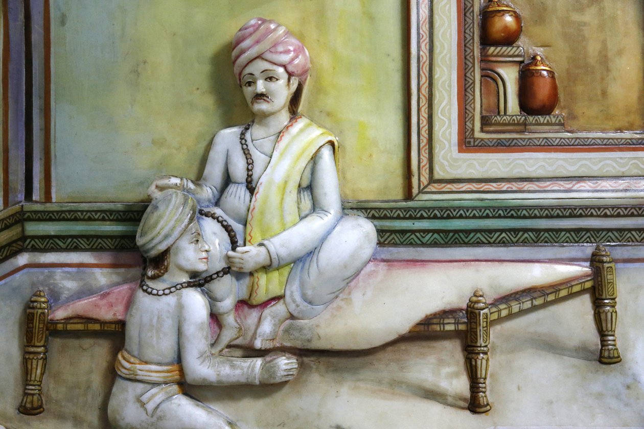 Jalaram Pratna Hindu Temple, Leicester. Arthawork deponerer Jalarambapas liv. Det Forenede Kongerige af Unbekannt