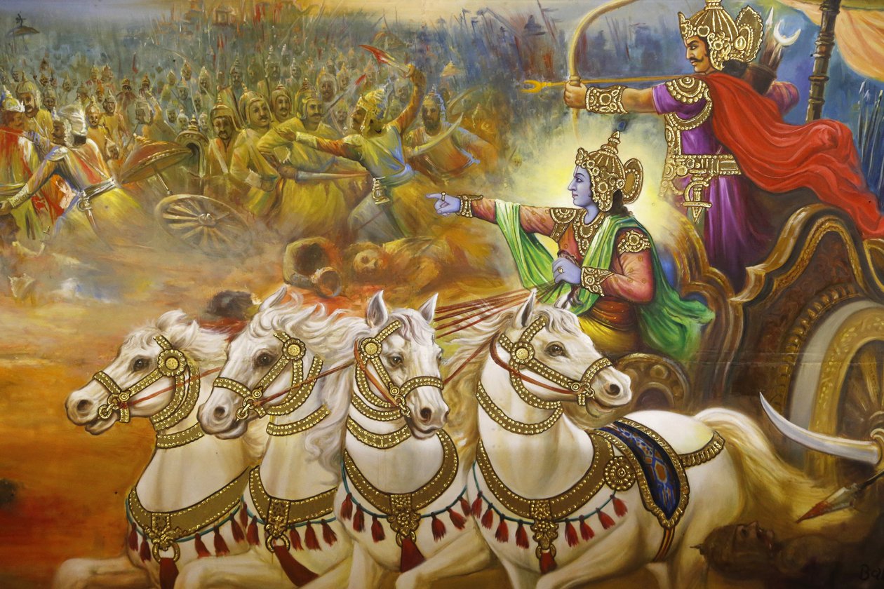 Jalaram Prathanna Hindu Temple, Leicester. Fresco. Krishna, vognføreren, der guider Arjuna på slagmarken i Kurukshetra. Det Forenede Kongerige af Unbekannt