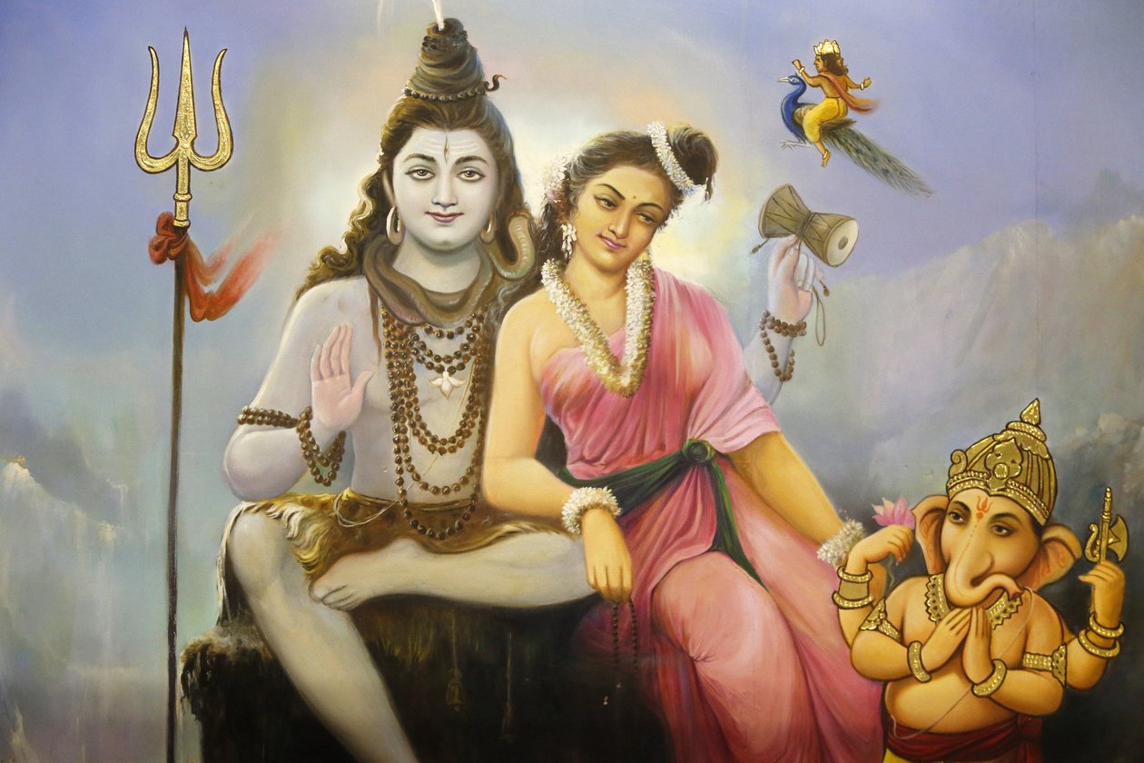 Jalaram Pratna Hindu Temple, Leicester. Fresco deponerer Shiva, Parvati og Ganesh. Det Forenede Kongerige af Unbekannt