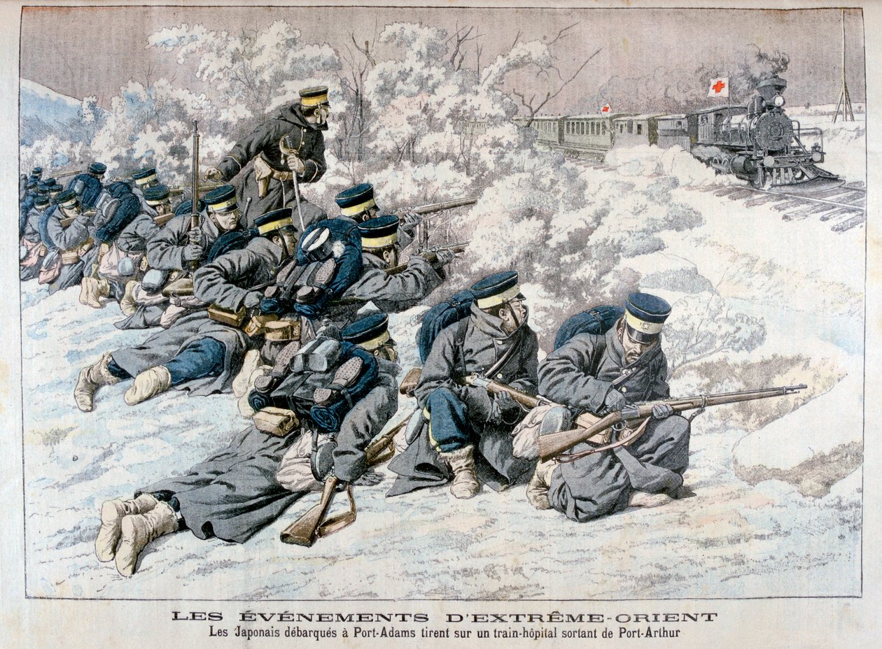 Japansk angreb på et hospitalstog nær Port Arthur, Manchuriet, den russisk-japanske krig, 1904 af Unbekannt
