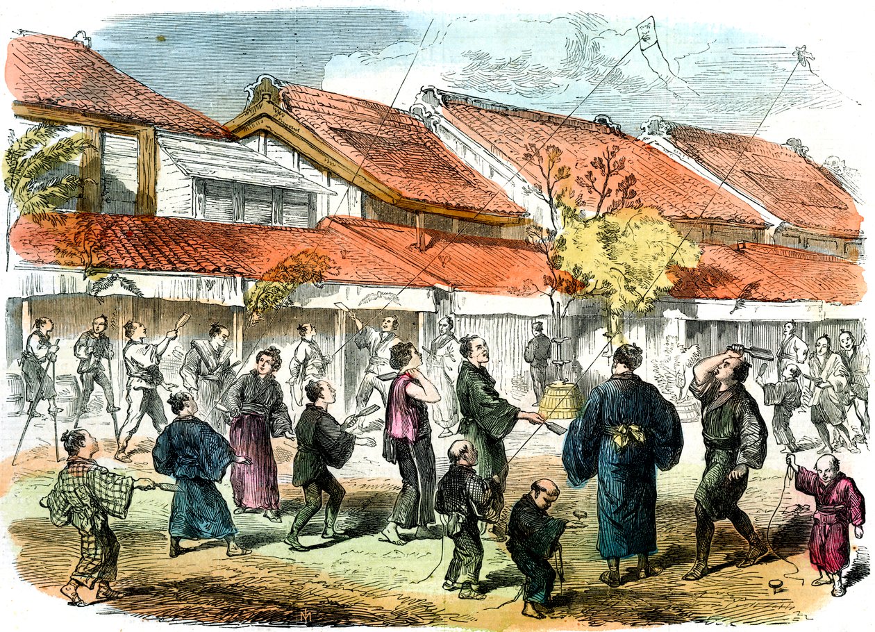 Japansk spil med battledore og fjerbold i gaderne i Yokohama, 1865 af Unbekannt