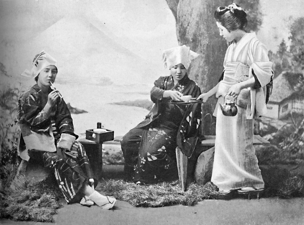 Japanske bondepiger tager te i hvile, 1902 af Unbekannt