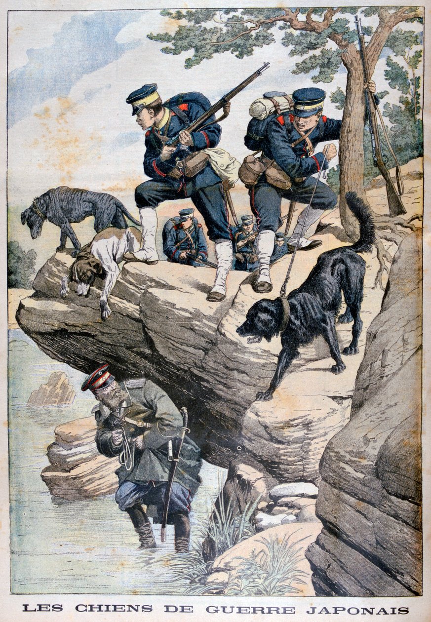 Japanske soldater med hunde finder en russer i skjul, Russisk-japansk krig, 1904 af Unbekannt