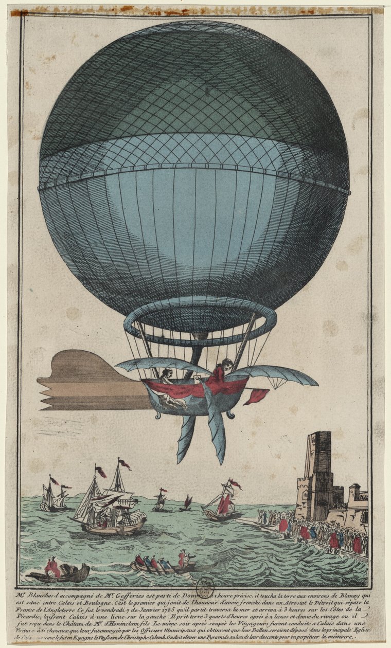 Jean Pierre Blanchard og John Jefferies ankommer til Calais efter at have krydset Den Engelske Kanal i en luftballon, 1785 af Unbekannt